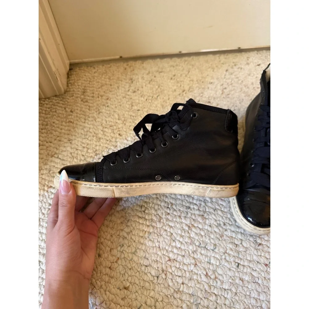 Lanvin Hi-Top Sneakers Womens 37 Black Good Patent Cap Toe Leather Ribbon Laces